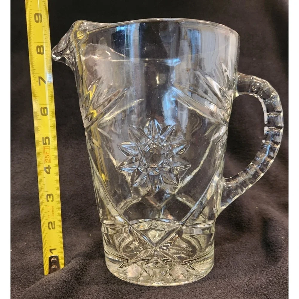 Vintage Anchor Hocking Heavy Cut Crystal Pitcher with Sun and Floral Designs